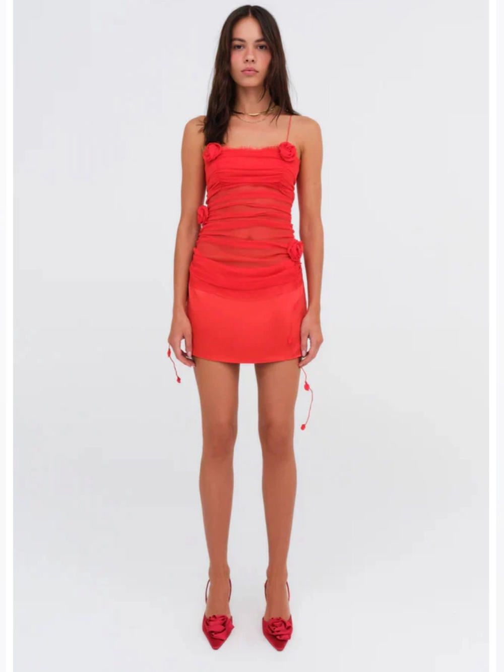 For Love & Lemons Red Ruched Rosette Mini Dress